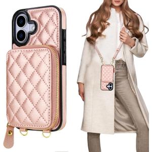 Bocasal Crossbody Wallet Case for iPhone 17, RFID Blocking PU Leather Zipper Handbag Purse Flip Cover, Kickstand Folio Case with Card Slots Holder Wrist Strap Lanyard 5G 6.3 Inch (Rose Gold)