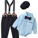 ZOEREA Baby Boy Suit 0-24M Gentleman Outfit Clothes Set Infant Long Sleeve Dress Shirt+Suspender Pants+Bowtie+Beret Hat, 3-6 Months