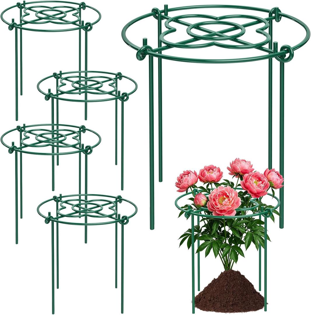 cyrico Peony Cages and Supports 5 Pack, 12 x 16 Heavy Duty 3.5mm Metal Peony Stakes with 4 Legs, Rust-Proof Grow Through Plant Support Hoops, Outdoor Garden Flower Support Rings for Heavy Blossoms