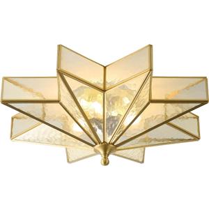 Star Brass Vintage Ceiling Light - 19.7 Inch Large Hammered Glass Antique Brushed Gold Flush Mount Fixture, Mid Century Art Deco Overhead Lighting for Kitchen Hallway Bedroom Bathroom Laundry Entryway