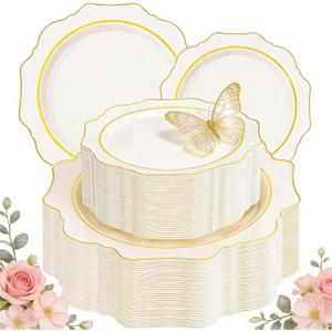 WDF 100PCS Ivory Plastic Plates with Gold Rim - Cream Plastic Plates - Include 50 Dinner & 50 Dessert Fancy Disposable Plate for Party - Heavy Duty Beige Plate for Baby Shower/Wedding/Mother's Day