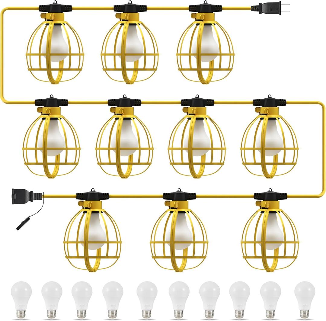 LEDIARY 100FT Construction String Lights, 10 Bulbs 100W 10500LM String Work Lights with 10 Medium Base Sockets, Linkable Jobsite Lights, Weatherproof Temporary Lighting Indoor&Outdoor