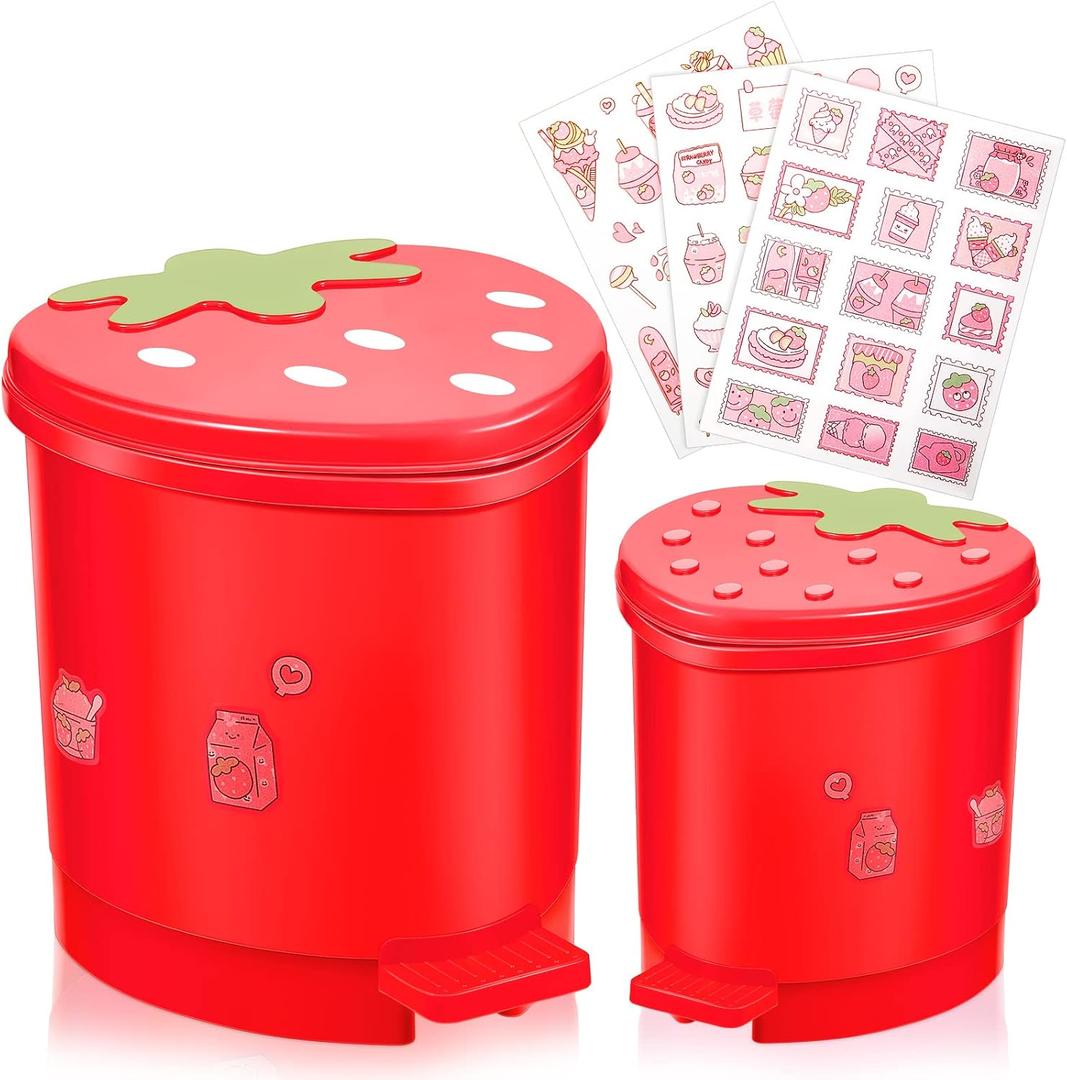 Tessco for you 2 Pieces Strawberry Desk Trash Can Cute Mini Countertop Trash Can with Lid Kawaii Small Garbage Plastic Waste Bin with Sticker for Car Office Home Bedroom Bathroom Kitchen Decor(Red)