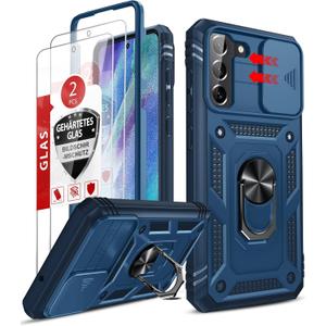 LeYi for S21-FE Phone Case: Galaxy S21 FE 5G Case with S21FE Screen Protector Tempered Glass X 2, Rotatable Ring Kickstand & Camera Cover, Full Body Protection for Samsung Galaxy S 21 FE Case, Blue