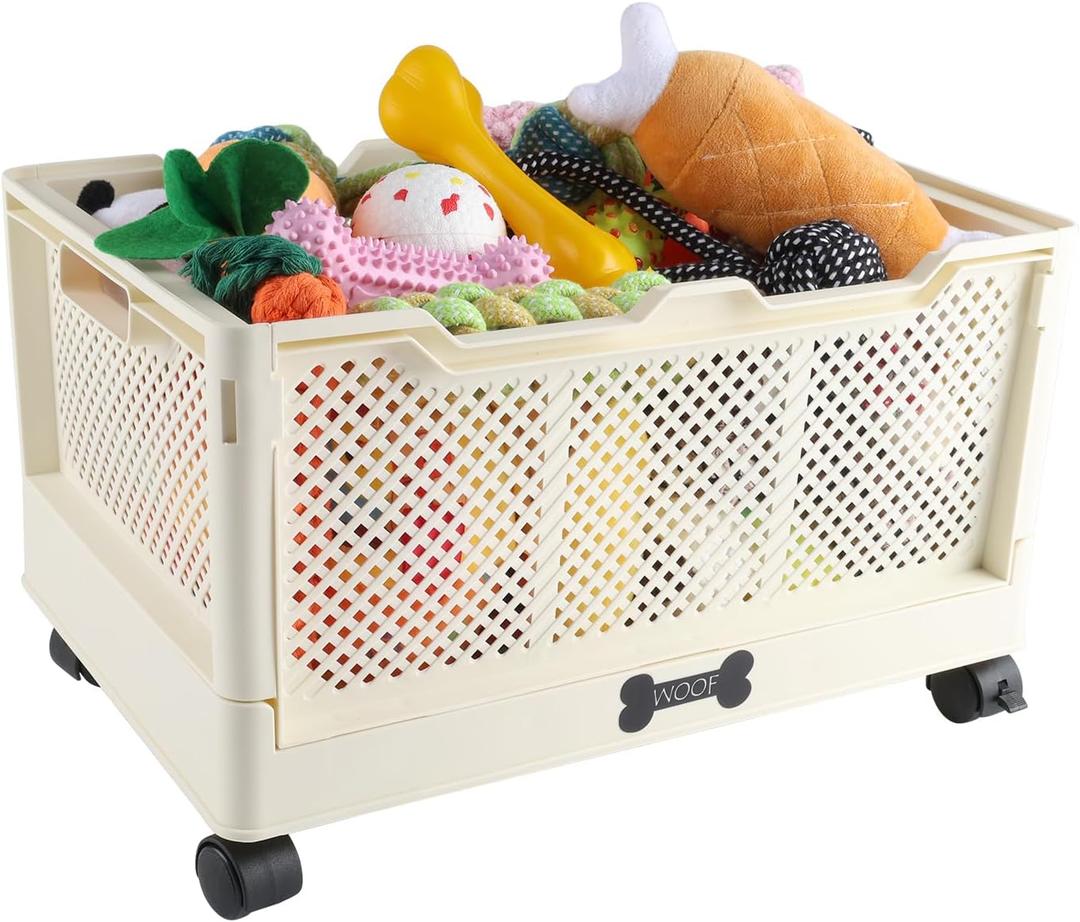 Collapsible Dog Basket,Outdoor Dog Toy Bin with Handles,Dog Stuff Organizer with Wheels,Pet Storage Bin for Dog Toys/Snack/Blanket/Camping Essentails-Easy Assemble-15''X10''X7.5''-Beige