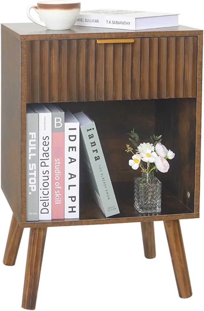 Fultyle Mid Century Modern Nightstand, Wood Bedside Table with Drawer and Opening Storage, End Table Living Room Fluted Night Stand with Solid Wood Legs for Bedroom (Rustic Brown) | Drawer, Opening Storage, End Table, Living Room, Fluted, Night Stand