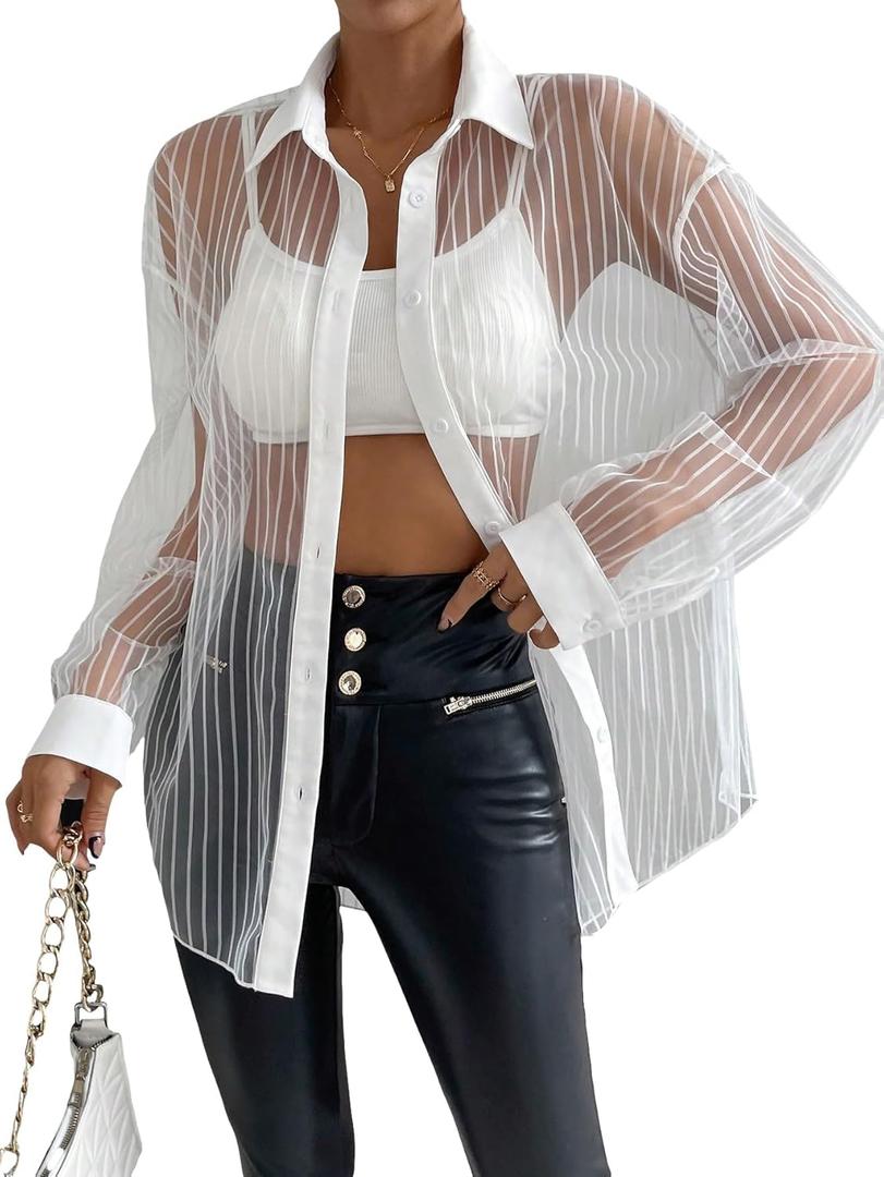 Milumia Women Sheer Button up Shirt Long Sleeve See Through Mesh Top Sexy Oversized Blouse (Large, White)