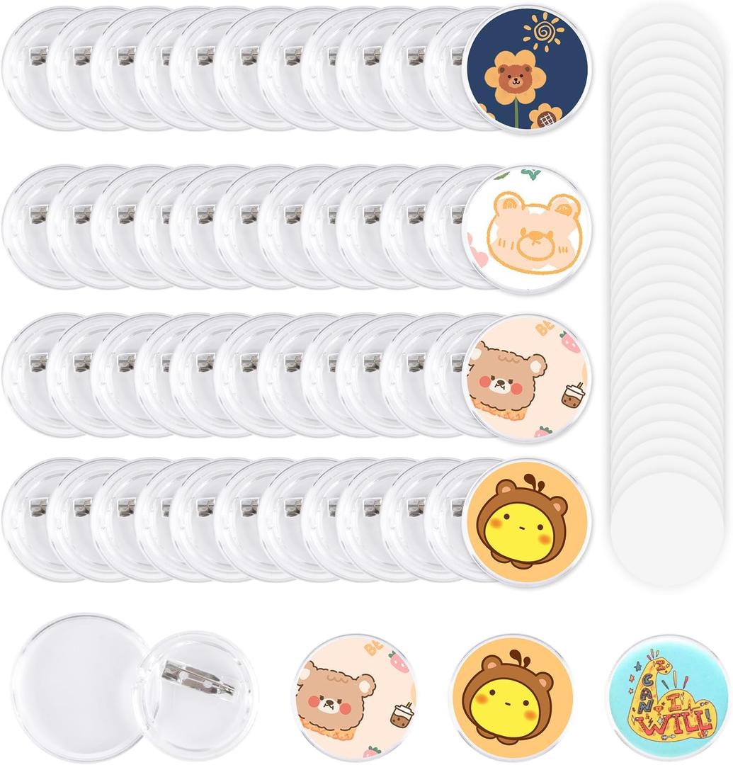100 Pack Acrylic Button Pins Badge, 35mm/1.38 Inch Clear Pins Buttons Badges Kit, DIY Acrylic Pin Buttons with Blank Round Paper