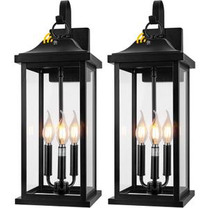 2-Pack Dusk to Dawn Outdoor Lighting 23 Inch Extra Large, 3-Light Modern Black Outdoor Wall Lights Exterior Lighting Fixtures, IP65 Waterproof Outdoor Lanterns Photocell Sensor, E12