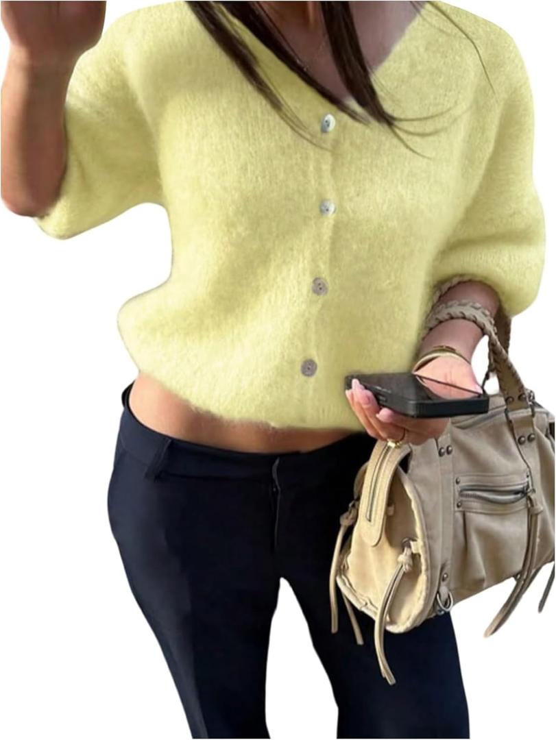 GORGLITTER Women's Cropped Button Up Fuzzy Cardigan Sweater Slouchy 3/4 Puff Sleeve V Neck Knit Tops (Yellow, M)