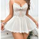 MakeMeChic Women's Valentines Day Lingerie Sets Mesh Sheer Babydoll Floral Lace Bow Mini Dress White Large (White, L)