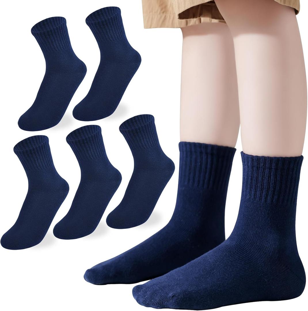 Boys Girls Crew Socks Seamless Ankle Socks Kids Cotton Athletic Sock Youth School Uniform Sock 3/5 Pairs (Blue, L)