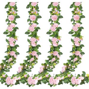 Sggvecsy 4Pcs 31Ft Artificial Rose Vine Fake Flower Garland Floral Garland Faux Silk Hanging Vine Rose Ivy Vines for Wedding Arch Party Wall Garden Ceremony Background Outdoor Decor (Pink)