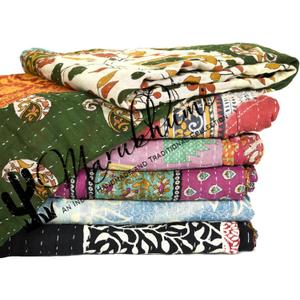 Marubhumi Vintage Kantha Quilt Handmade Reversible Cotton Throw Blanket with Assorted Patchwork | Boho-Style Decorative Bedding for Sofa, Couch, Bed & Picnic | 4 Pc