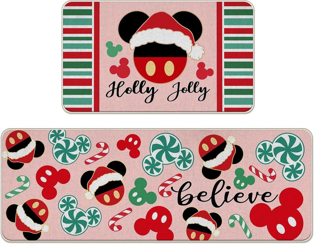 Christmas Kitchen Rugs Set of 2, Xmas Peppermint Candy Holly Jolly Kitchen Mats Decor, Funny Winter Holiday Believe Floor Door Mat Home Decorations - 17x29 and 17x47 Inch (Christmas Pink Mouse)