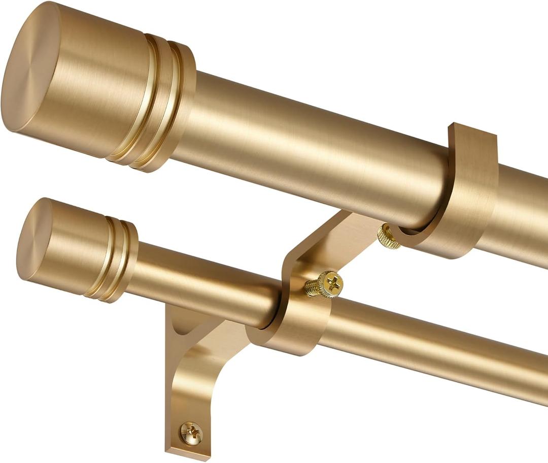 Double Curtain Rods 36-72 Inches for Windows, 1 Inch Diameter Adjustable Heavy Duty Drapery Rod with Aluminum Alloy Brackets and Finials, Modern Stylish Dual Curtains Rod, Brushed Gold
