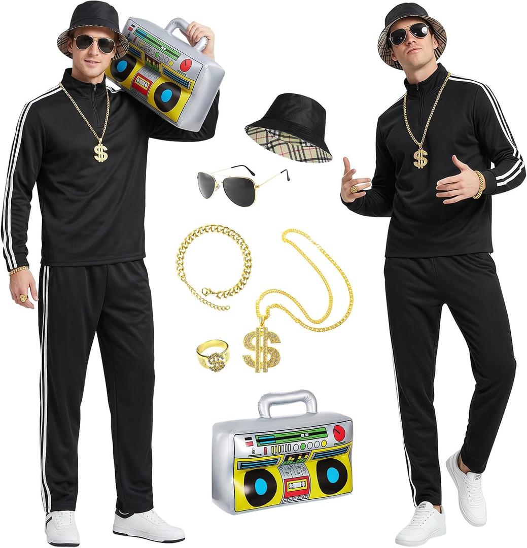 80s 90s Outfit for Men Tracksuit Costume,Hip Hop Outfit,8Pcs Retro Disco Themed Party Costume Track Suit Sportswear, Large