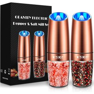 XinXu Gravity Electric Pepper and Salt Grinder Set, Adjustable Coarseness, Battery Powered with LED Light, One Hand Automatic Operation, Stainless Steel -Copper, 2 Pack
