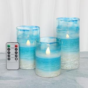 PETRISTRIKE Blue Flickering Flameless Candles with Remote - Glass Battery Operated LED Pillar Candles for Beach/Coastal Theme Wedding Decorations (Set of 2)