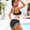 High Waisted Bikini Sets for Women Sporty Color Block Two Piece Bathing Suit Tummy Control Swimsuits Scoop Neck (Black, S)