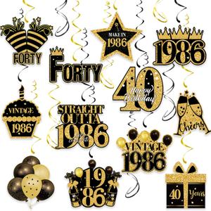 40th Birthday Decorations - 30Pcs Happy 40th Birthday Hanging Swirls Streamers for Men Women Black Gold Vintage 1986 Birthday Ceiling Hanging Decor for 40 Years Old Birthday Anniversary Party Supplies
