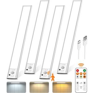Under Cabinet Lighting with Remote Control, 2500mAh USB Rechargeable Motion Sensor Light Indoor, 350 Lumen LED Closet Lights, 3 Color Temps Wireless Under Counter Lights for Kitchen, Pantry, Stair, 4 Pack