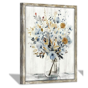 Floral Picture Wall Art Painting: Blossom Bouquet Flowers Prints on Rustic Wood and Handcrafted Wooden Framed Artwork for Home and Bedroom (12” x 16” x 1pcs)