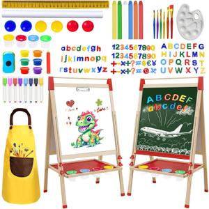 Double Sided Chalk & White Board Magnetic Art Easel for Kids, Adjustable Height Wooden Easel with Alphabet Numbers, Paper Roll, Educational Toys for Toddlers