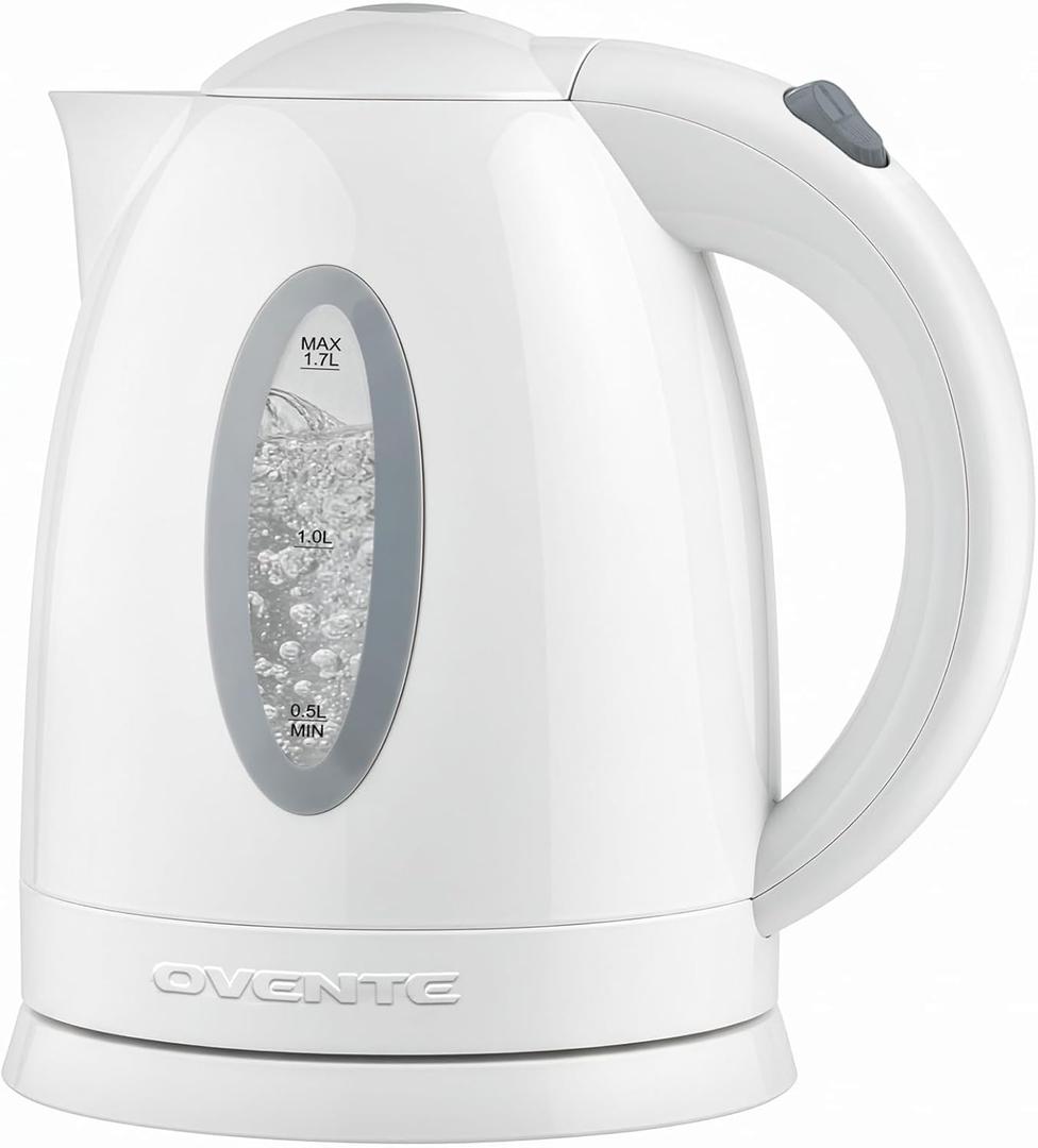 OVENTE Electric Kettle, 1.7L Fast Boiling Water Heater for Coffee or Tea, BPA Free with Water Level Gauge, Auto Shut-Off, Boil-Dry Protection, Indicator Light and Removable Filter, White