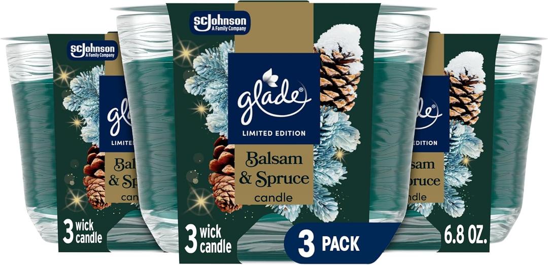 Glade 3-Wick Scented Candle Jar, Balsam & Spruce, Air Freshener Infused with Essential Oils, 6.8 Oz, 3 Count