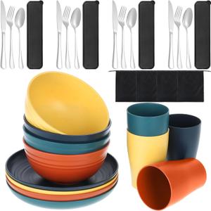 32-Piece Wheat Straw Dinnerware Set, Unbreakable Portable Camping Mess Kit with Plates & Bowls, Dishwasher & Microwave Safe for Family, Picnics & Travel (Colorful)