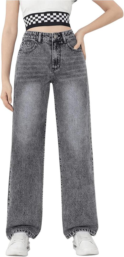 MakeMeChic Girl's Jeans Baggy Wide Straight Leg High Elastic Waisted Denim Pants Y2k Kid 7-14Y (Dark Grey)