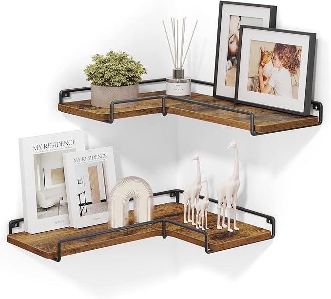 VASAGLE Corner Shelf Wall Mount Set of 2, Corner Floating Shelves, Small Corner Wall Shelf for Decor Storage, for Living Room Bedroom Kitchen Bathroom, Rustic Brown and Black ULLS831B01