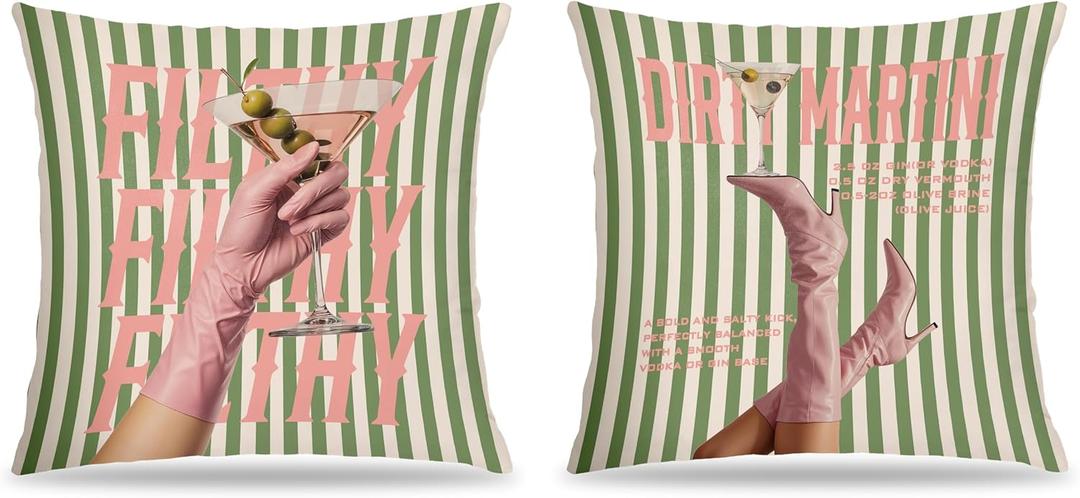 Trendy Dirty Martini Pillow Covers 18x18, Martini Lover Gifts for Women, Cocktail Party Decorations, Funky Cocktail Green Striped Decorative Throw Pillow Covers for Home Bar Apartment, Set of 2