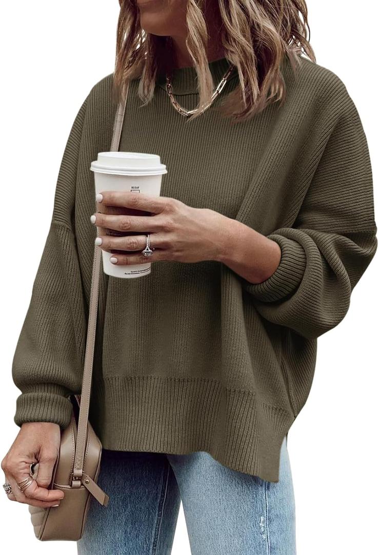 Imily Bela Womens Oversized Tunic Sweaters Fall Slouchy Long Sleeve Ribbed Knit Side Slit Pullover Jumper (XX-Large, Dark Brown)