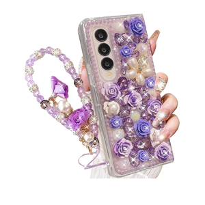 for Samsung Galaxy Z Fold 7 Bling Case,Luxury Cute Crystal Rhinestone Flowers Sparkle Glitter Diamond Pearl Women Girls Case Cover with Wrist Lanyard for Galaxy Z Fold 7,Purple