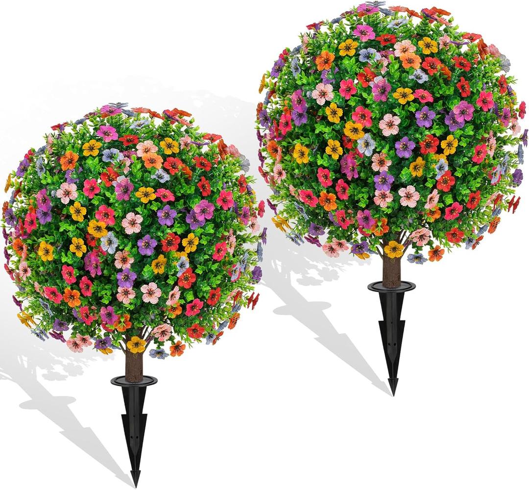 Artificial Topiary Ball Trees Set of 2 with Colorful Flowers, UV Resistant Faux Boxwood Plants Outdoor with Spike, Fake Bushes Round Shrubs for Porch, Garden, Yard, Patio Fall Outdoor Plant