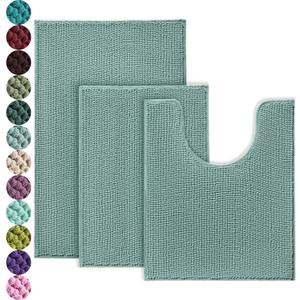 Urvoix Bathroom Rugs Sets 3 Piece, Non-Slip Chenille Bath Rug - Ultra Soft, Washable, Super Absorbent Bath Mat for Bathroom, Toilet and Tub (Aqua Sea)