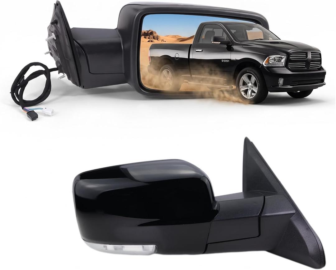 Right Passenger Side Door Mirror Compatible With 2013-2018 Ram 1500 2500 3500 With Power Folding Power Glass Heated Turn Signal Puddle Lights Black Replace#68096196AF (9+2Pins)