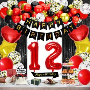 Red 12th Birthday Decorations Happy Birthday Banner Cake Topper Sash Black Fringe Curtains Heart Star Foil Number 12 Balloons Confetti Balloons for 12 or 21 Years Old Party