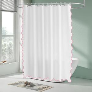 Small Stall White Boho Shower Curtain with Scalloped Border Chic Theme Narrow Fabric Bathroom Decor with Hooks Waterproof Washable (Pink, 72" H x72 W)