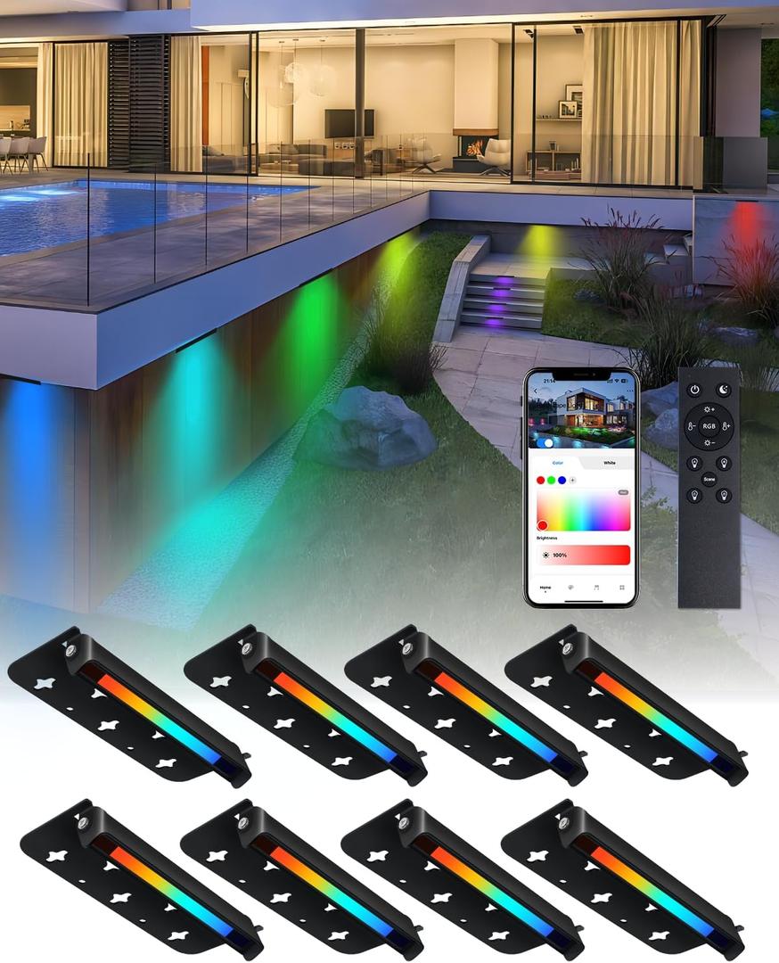 8 Pack 7 Inch RGBCW Retaining Wall Lights, 5W Smart LED Hardscape Lighting with Remote Control, 16 Million Colors 12V AC/DC Low Voltage Step Lights Outdoor, IP65 Waterproof Landscape Lighting (RGBW)
