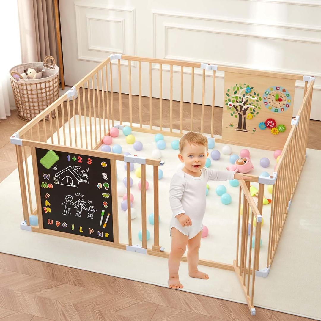 All-in-one Wood Baby Playpen with Door, Adjustable Wooden Play Fence with Magnetic Dual-Sided Chalkboard, Whiteboard & Montessori Activity Toys, Expandable Activity Center Safe Playard for Babies 3M+ (8 Panels- 64*64*26 in)