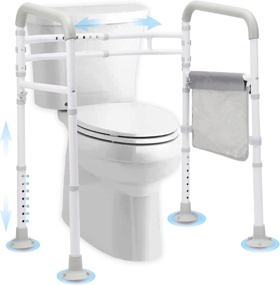 Stand Alone Toilet Safety Rail - Adjustable Detachable Medical Toilet Safety Frame for Elderly, Heavy Duty Toilet Handles for Elderly and Handicap Toilet Seat Handles with Storage Bag (White)