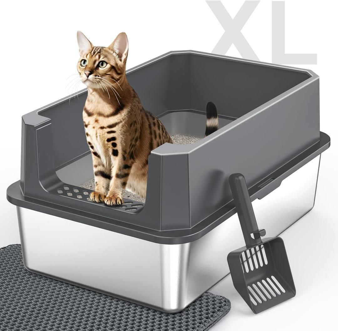 Stainless Steel Litter Box, Extra Large Litter Boxes for Big Cats, XLarge Metal Cat Litter Box with Lid, Anti-Urine Leakage XL Box with High Sides, Easy Clean, Non-Sticky, Scoop Included, Silver Gray