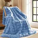 L'AGRATY Faux Fur Throw Blanket: 50" x 60" Luxury Soft Fluffy Rabbit Fur Blankets Twin for Couch Bed Sofa Cozy Plush Bubble Blankets for Winter: Flannel Fleece Decorative Blanket (Airy Blue)