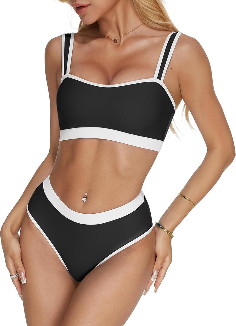 MOOSLOVER Women Sporty Color Block Bikini Sets Cheeky High Cut Two Piece Swimsuit (Medium, Black)