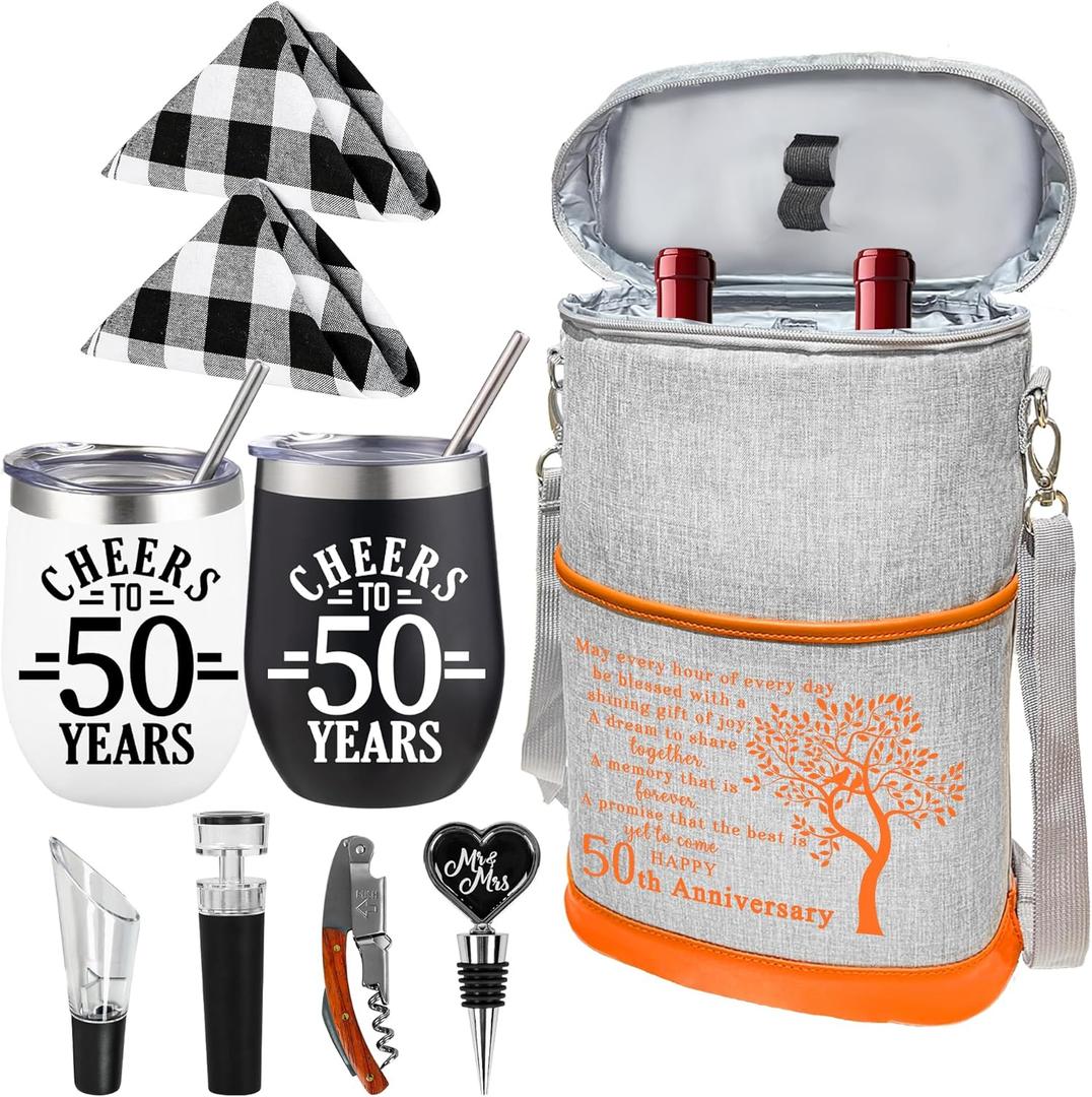 50th Anniversary Wine Cooler Bag Gift for Couples Valentines Day, 50th Anniversary Wedding Gifts for Parents, Friend Her Him, 50 Years Mr. & Mrs Insulated Wine Cooler Tote Tumbler and Wine Accessories
