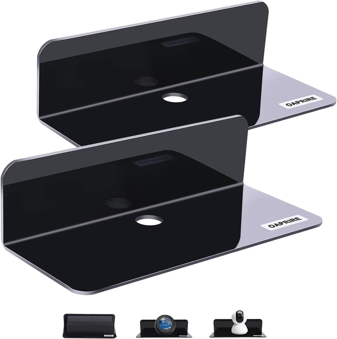 OAPRIRE Acrylic Floating Wall Shelves Set of 2, Damage-Free Expand Wall Space, Small Display Shelf for Smart Speaker/Action Figures with Cable Clips (Black)
