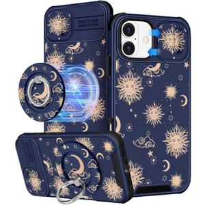 Buleens for iPhone 16 Plus Case 6.7 Inch - with Ring Stand & Camera Cover Aesthetic Cute Designed for Women Girls Girly Kawaii Sun Moon Stars Phone Case for iPhone 16 Plus Compatible with Magsafe